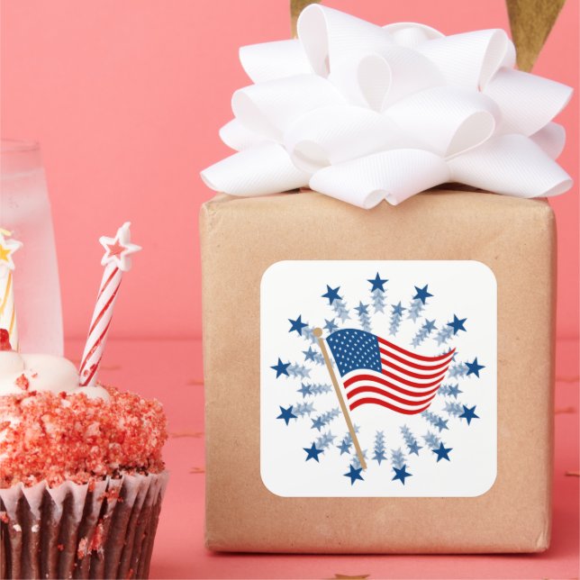American Flag Starburst Fireworks 4th of July Square Sticker (Party)