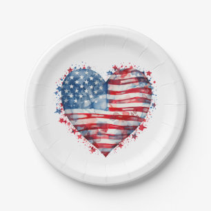 American Flag Stars Stripes Heart Patriotic USA Paper Plate