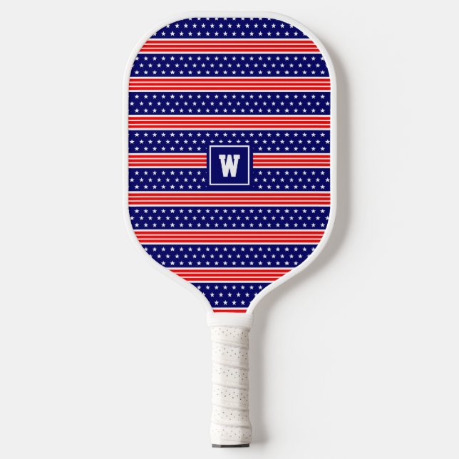 American Flag Stars & Stripes Monogrammed Initials Pickleball Paddle (Front)
