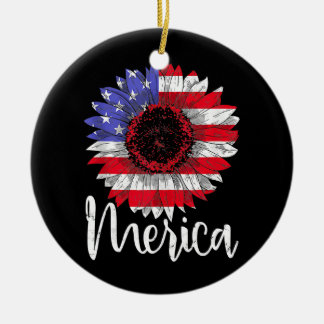 American Flag Sunflower 4th of July Patriotic Ceramic Tree Decoration