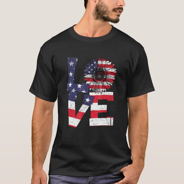 American Flag Sunflower America Patriotic 4th July T-Shirt (Front)