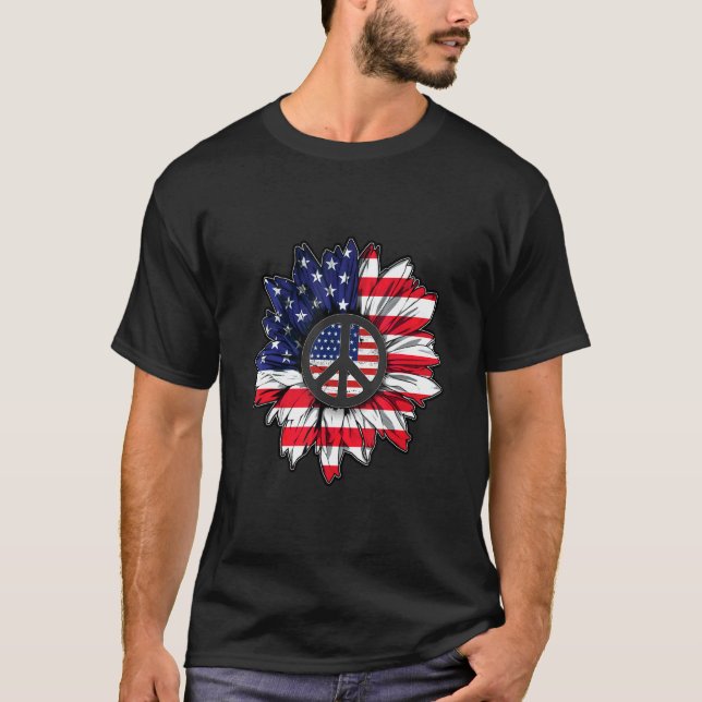 American Flag Sunflower Peace America Patriot Labo T-Shirt (Front)