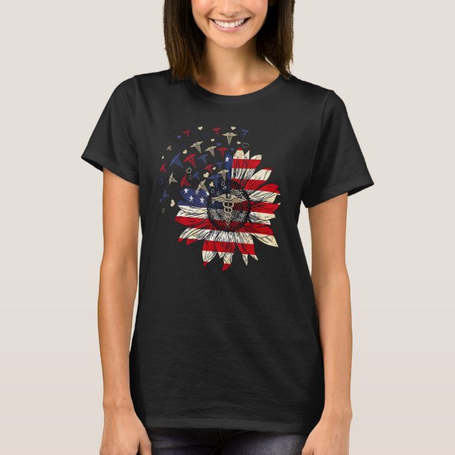 American Flag Sunflower The Caduceus Medical Symbo T-Shirt (Front)
