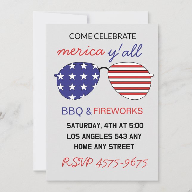 American Flag Sunglasse Happy 4th July Invitation (Front)