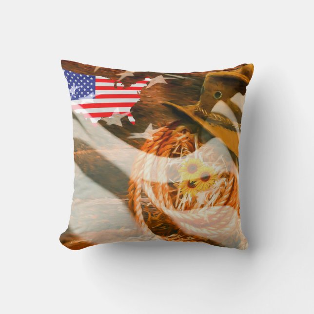 American Flag Sunrays Cowboy Hat Lasso Cushion (Front)