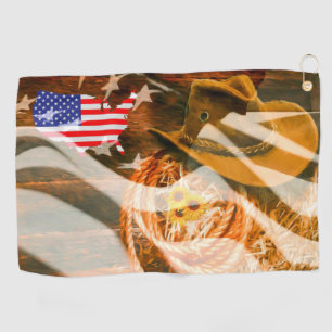 American Flag Sunrays Cowboy Hat Lasso Golf Towel