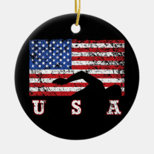 American Flag Swimming USA Gift Swim Team Premium Ceramic Tree Decoration