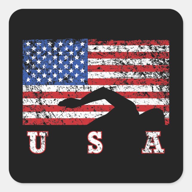 American Flag Swimming USA Gift Swim Team Premium Square Sticker (Front)