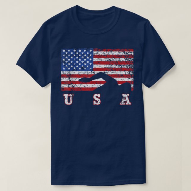 American Flag Swimming USA Gift, Swim Team  T-Shirt (Design Front)