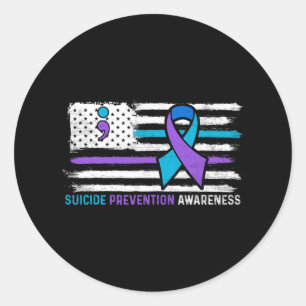 American Flag Teal Purple Ribbon Suicide Awareness Classic Round Sticker