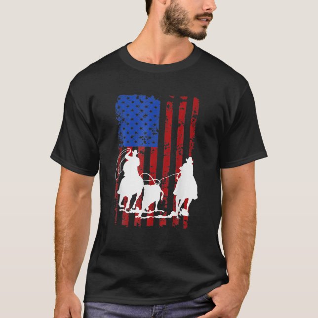 American Flag Team Roping Horse 4th Of July Patrio T-Shirt (Front)