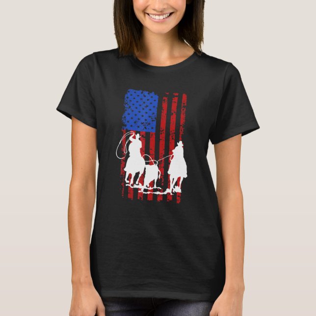 American Flag Team Roping Horse 4th Of July Patrio T-Shirt (Front)