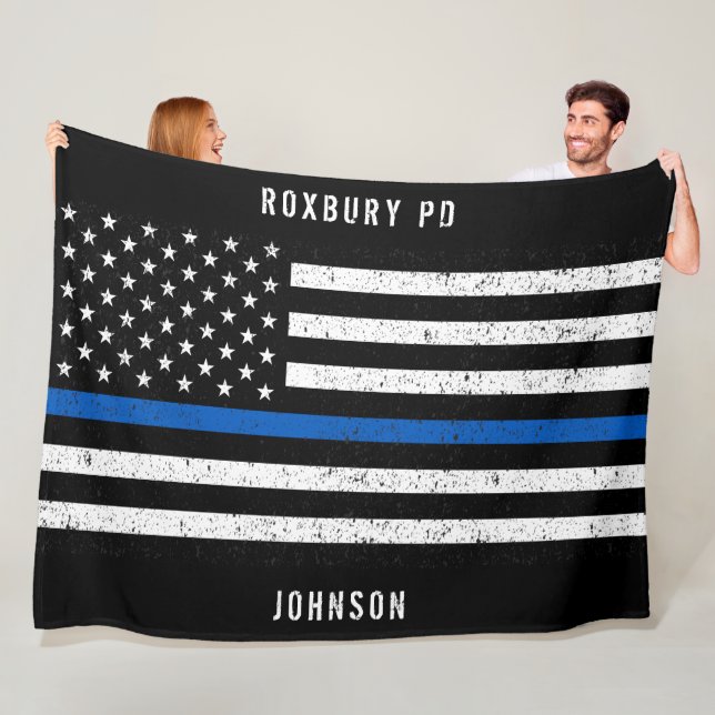 American Flag Thin Blue Line Distressed Name Fleece Blanket (In Situ)