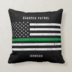 American Flag Thin Green Line Distressed Name Cushion