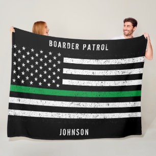 American Flag Thin Green Line Distressed Name Fleece Blanket