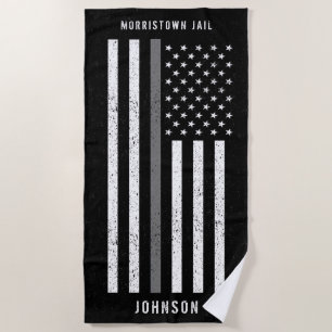 American Flag Thin Grey Line Distressed Name Beach Towel