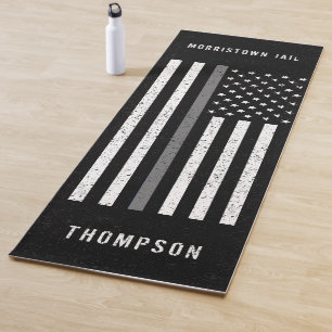 American Flag Thin Grey Line Distressed Name Yoga Mat