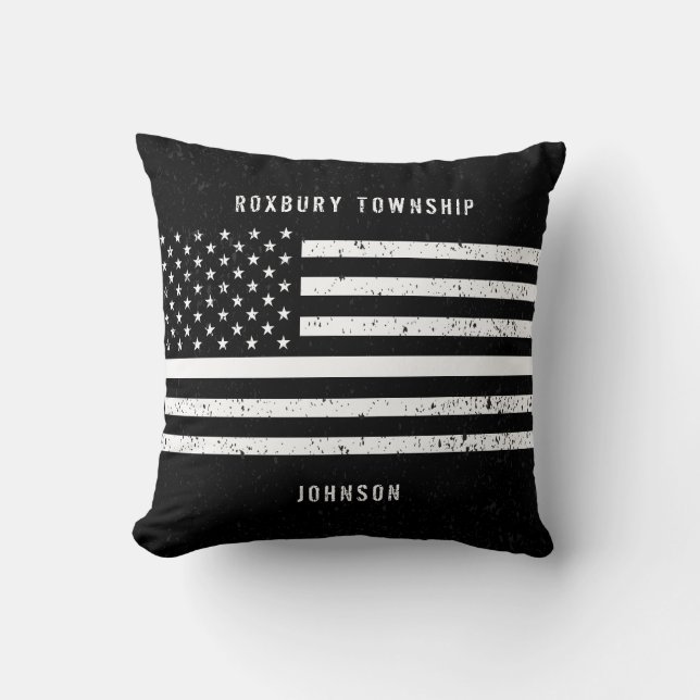 American Flag Thin White Line Distressed Name Cushion (Front)
