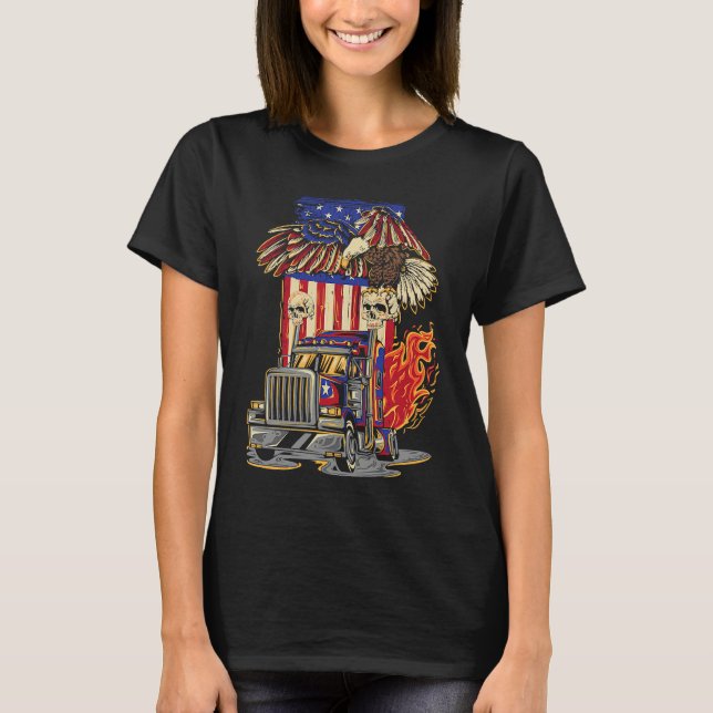 American Flag Truck Driver Trucker 4th of July Eag T-Shirt (Front)