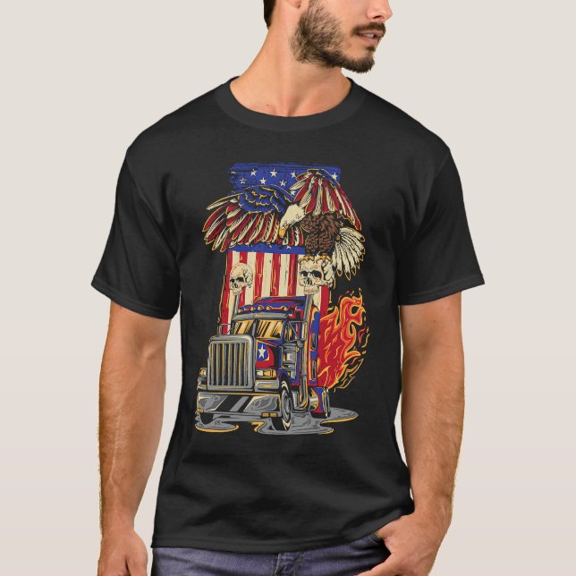 American Flag Truck Driver Trucker 4th of July Eag T-Shirt (Front)