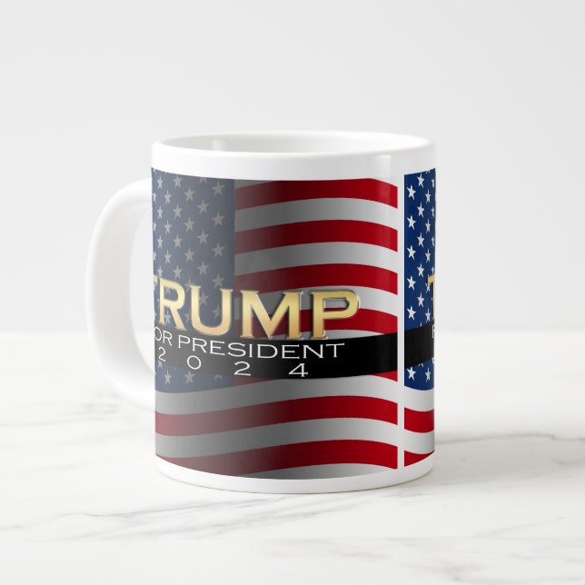 American Flag Trump 2024 Gold Patriotic Large Coffee Mug (Front Left)