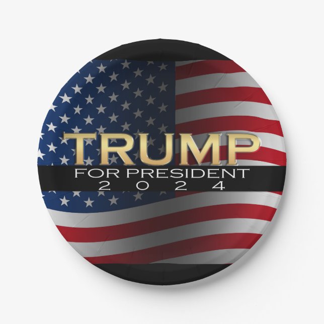 American Flag Trump 2024 Gold Patriotic Paper Plate (Front)