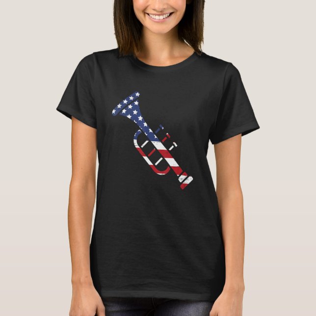 American Flag Trumpet Brass Musical Instrument Cla T-Shirt (Front)