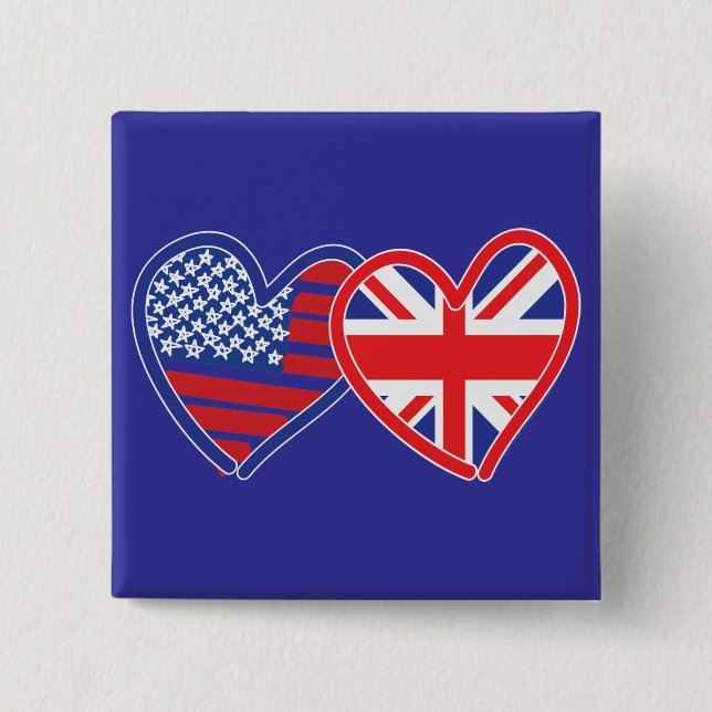 American Flag/Union Jack Flag Hearts 15 Cm Square Badge (Front)