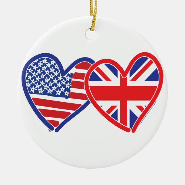 American Flag Union Jack Flag Hearts Ceramic Tree Decoration (Front)