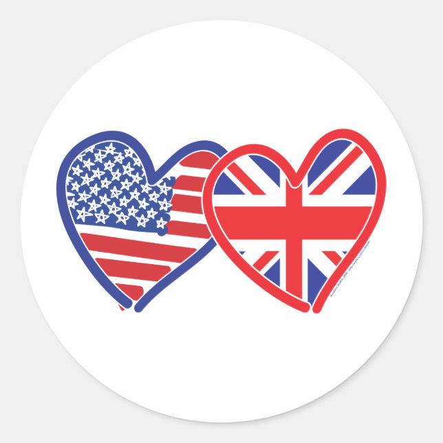 American Flag/Union Jack Flag Hearts Classic Round Sticker (Front)