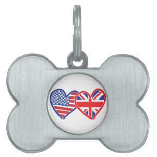 American Flag Union Jack Flag Hearts Pet Name Tag