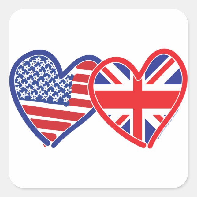 American Flag Union Jack Flag Hearts Square Sticker (Front)