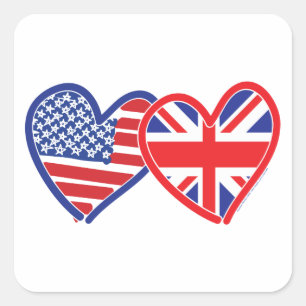American Flag/Union Jack Flag Hearts Square Sticker