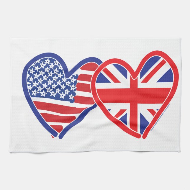 American Flag Union Jack Flag Hearts Tea Towel (Horizontal)