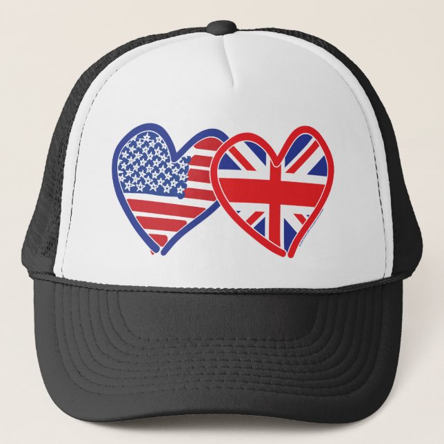 American Flag/Union Jack Flag Hearts Trucker Hat (Front)