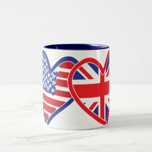 American Flag/Union Jack Flag Hearts Two-Tone Coffee Mug