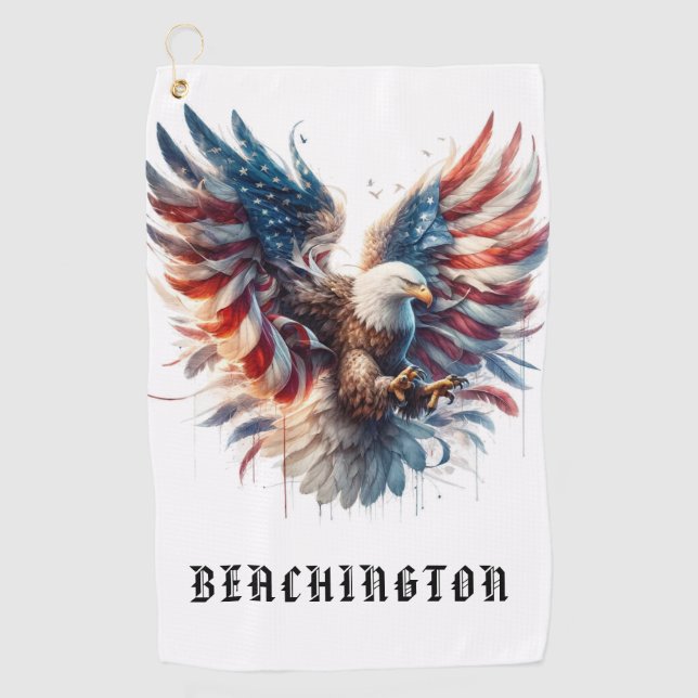 *~* American Flag USA AP16 Bald EAGLE Golf Towel (Front)