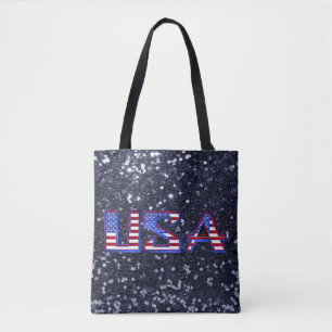 American Flag USA Blue Faux Glitter Tote Bag