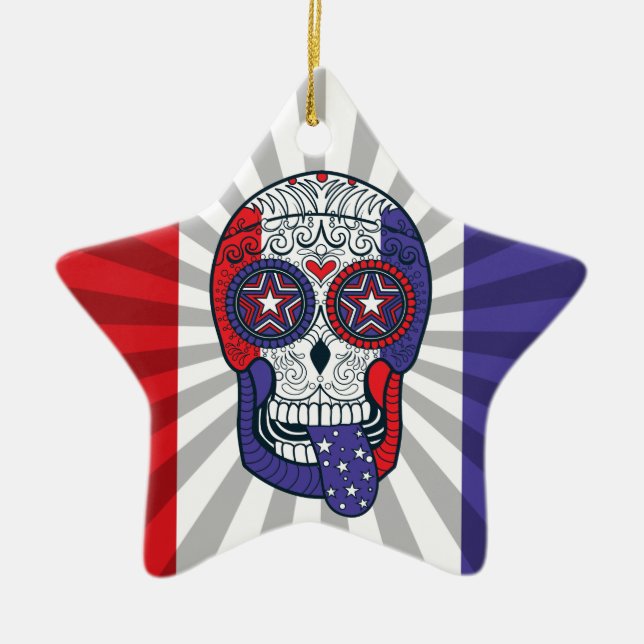 American Flag USA Colours Patriotic Sugar Skull Ceramic Tree Decoration (Front)