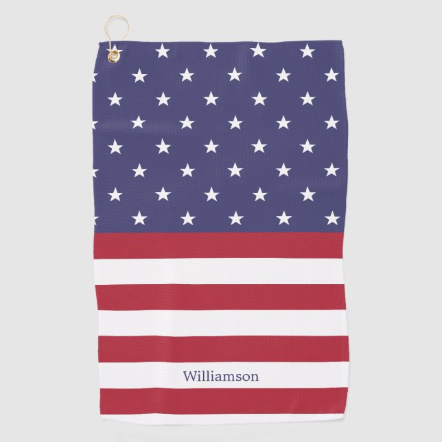 American Flag USA Patriotic Stars Stripes Name Golf Towel (Front)