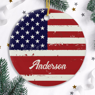 American Flag USA Personalised Patriotic Ceramic Tree Decoration