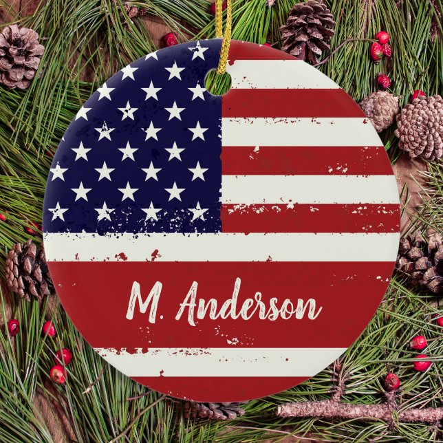 American Flag USA Personalised Patriotic  Ceramic Tree Decoration (Creator Uploaded)