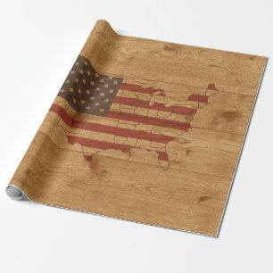 American Flag USA Shape Over Rustic Wood Patriotic Wrapping Paper