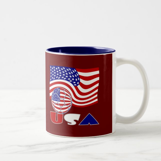 American Flag USA Soccer Ball Red Background Two-Tone Coffee Mug (Right)