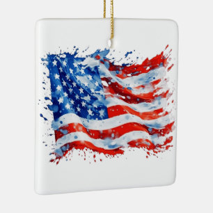 American Flag USA Watercolor 4th of July Ceramic Ornament