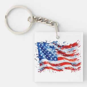 American Flag USA Watercolor 4th of July Key Ring