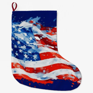American Flag USA Watercolor 4th of July Large Christmas Stocking