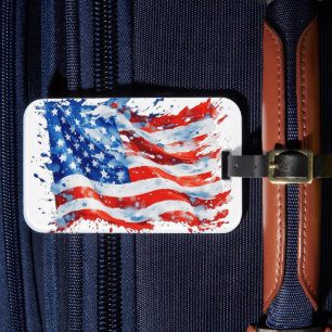 American Flag USA Watercolor 4th of July Luggage Tag