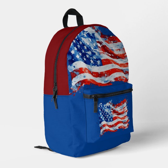 American Flag USA Watercolor 4th of July Printed Backpack (Back Corner Left)