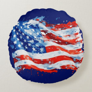 American Flag USA Watercolor 4th of July Round Cushion